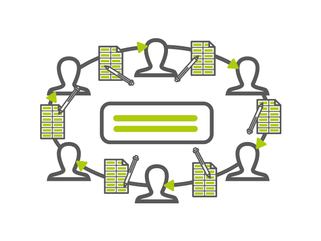 Ein Illustration eines Teams, das durch digitale Kommunikation verbunden ist, mit Personen, Balken und Pfeilen.