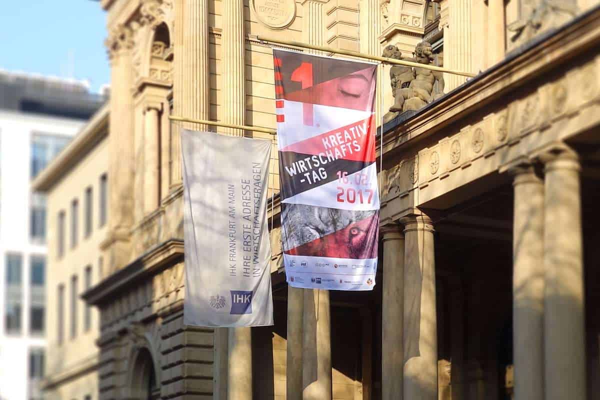 20 Veranstaltungs­design Kreativwirtschaftstag Hessen Flagge Boerse Designbuero Frankfurt